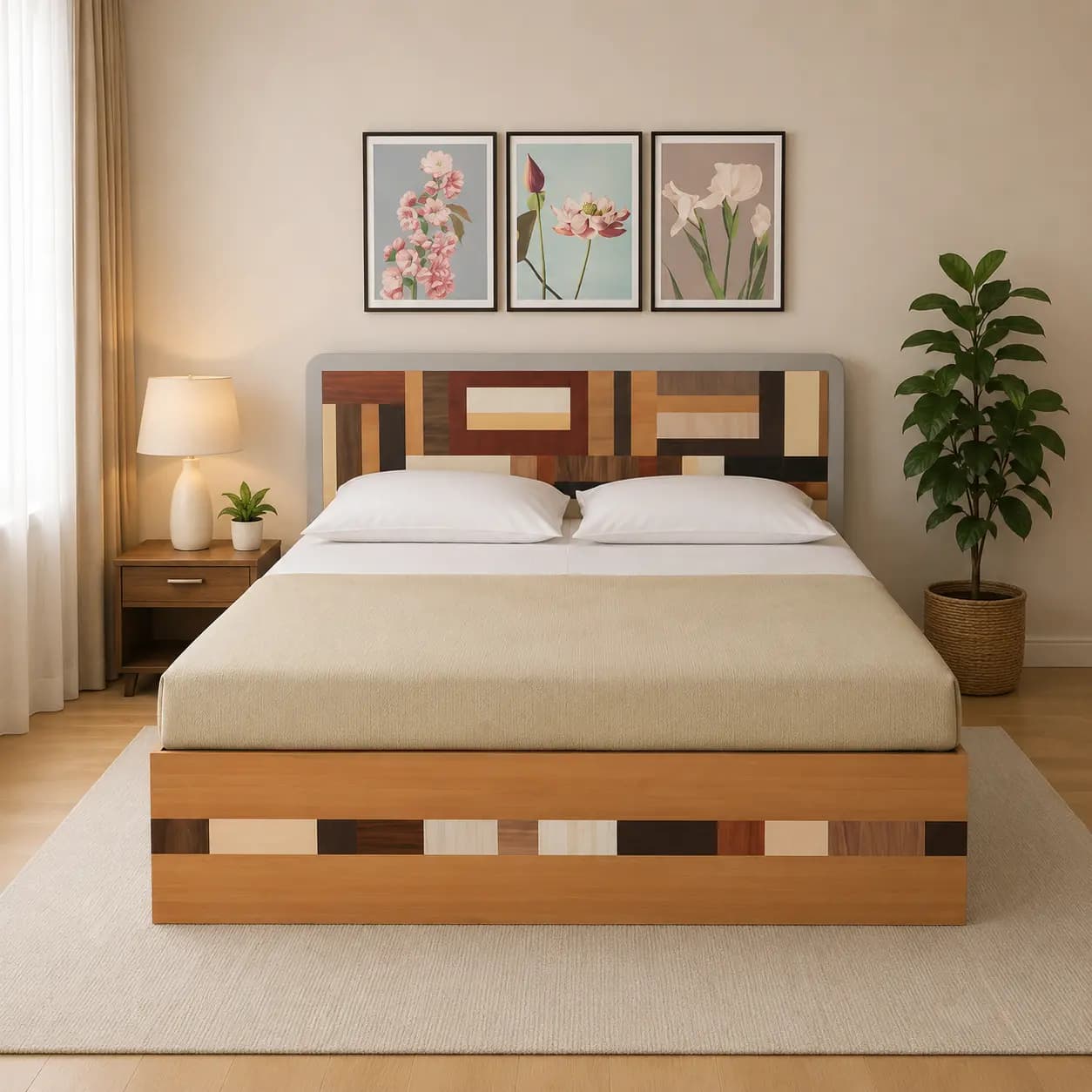 remix queen bed with mattress and side table