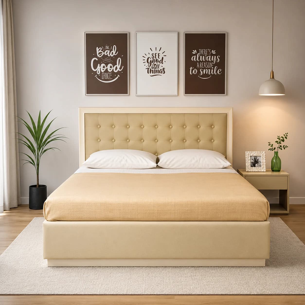 Cambric Queen Size Bed with Mattress and Side Table