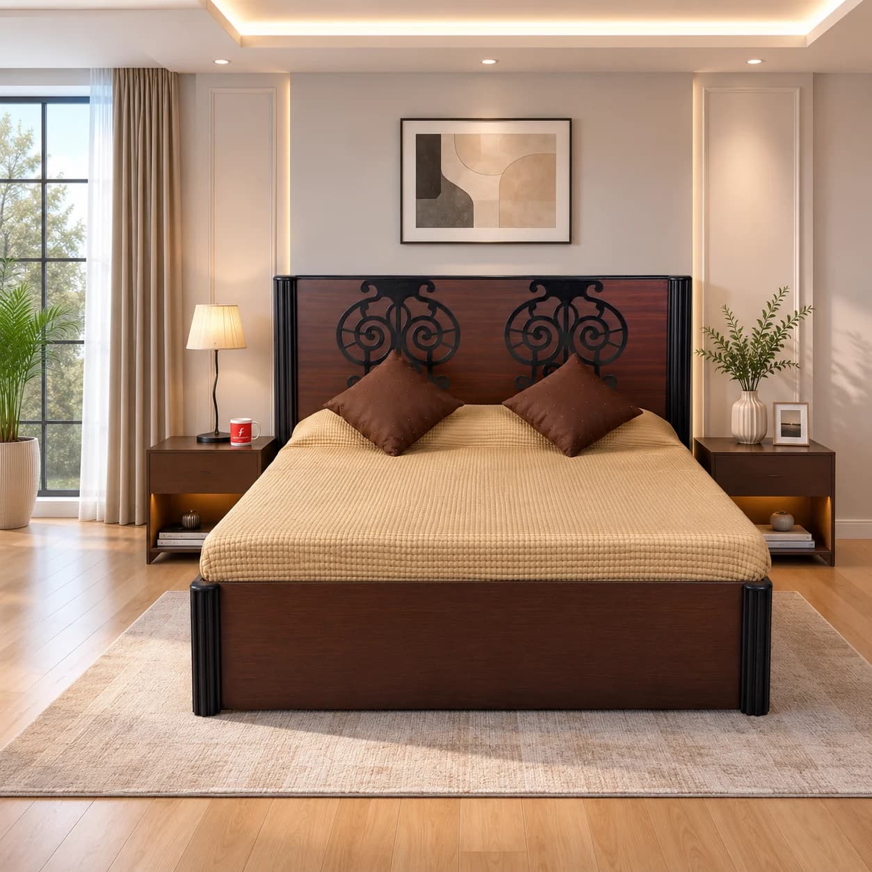 Ascend Queen Double bed with Mattress and side table
