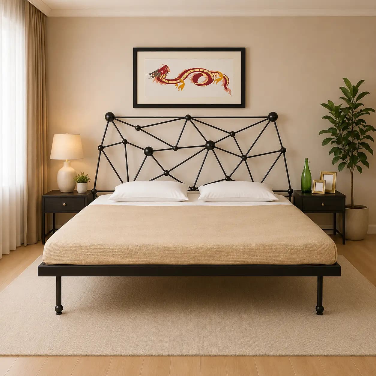 Ionic King Bed with Mattress and Side Table