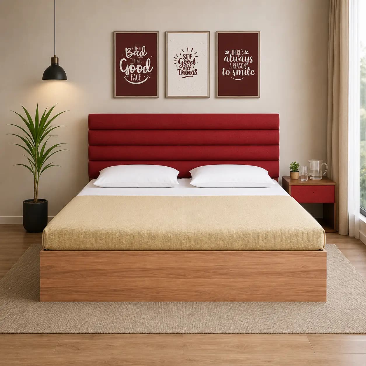 Scarlet Waves King Size Bed with Mattress and Side Table