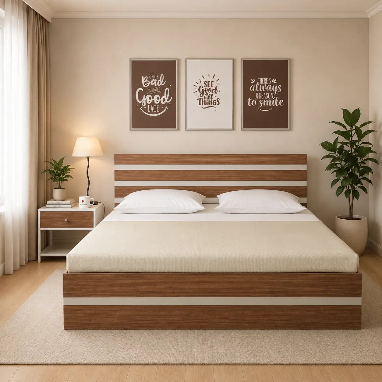 Otio King Double Bed with Mattress and Side Table