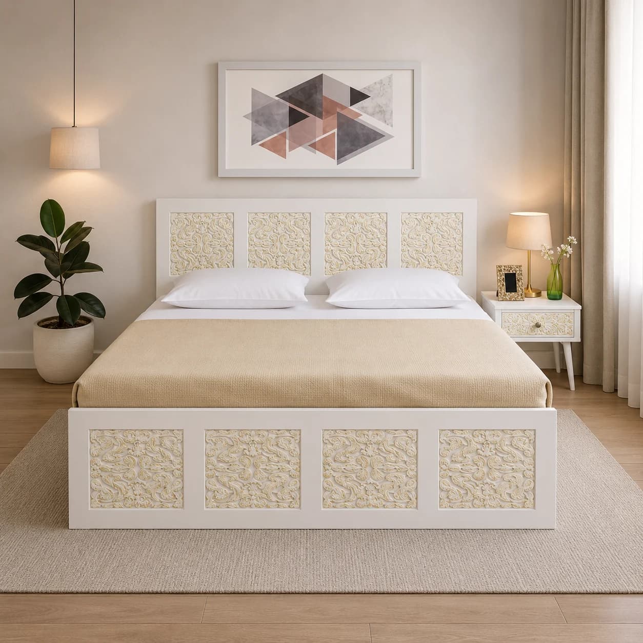 Carvine King Size Bed with Mattress and Side Table
