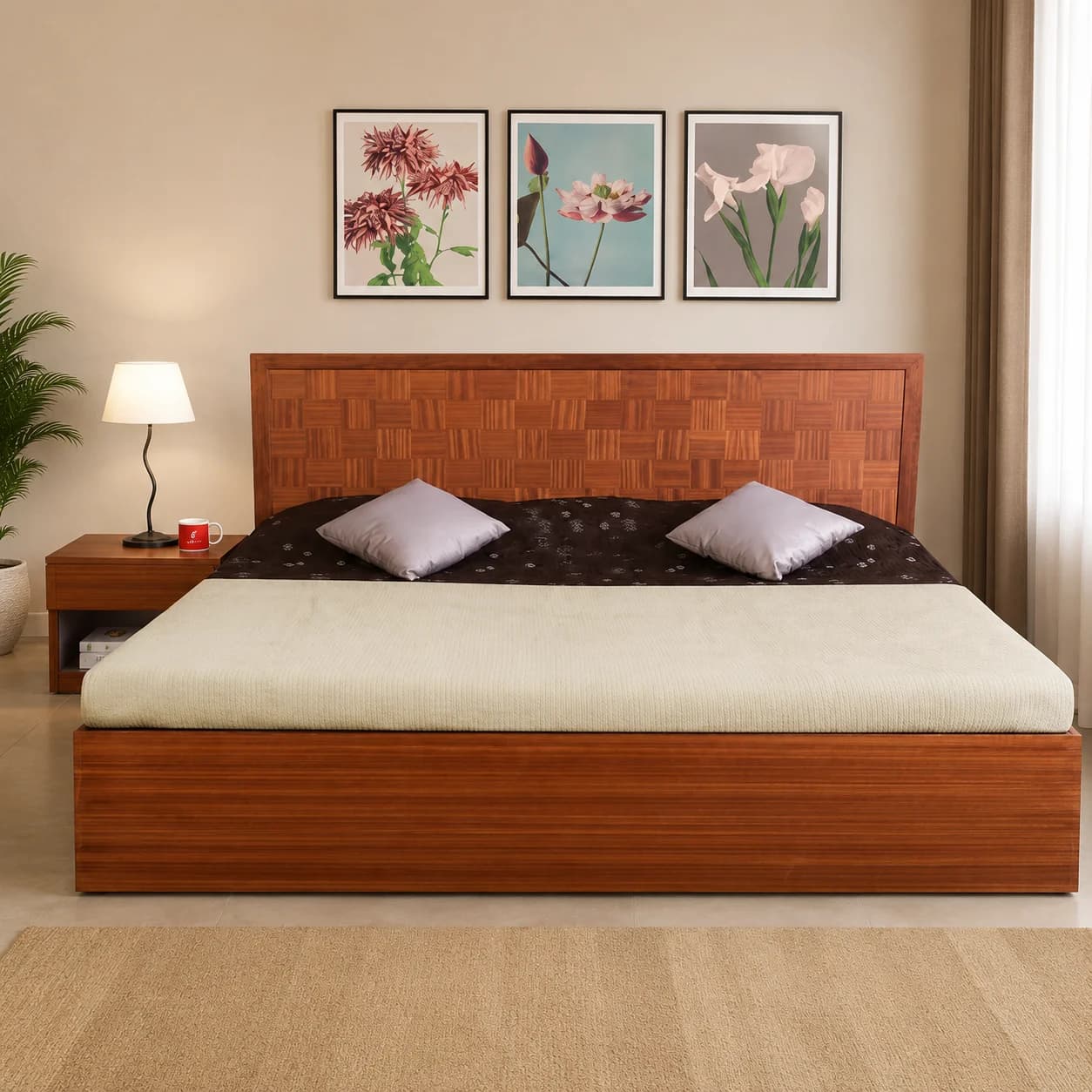 Woodway Queen Size Storage Bed with Mattress and Side Table